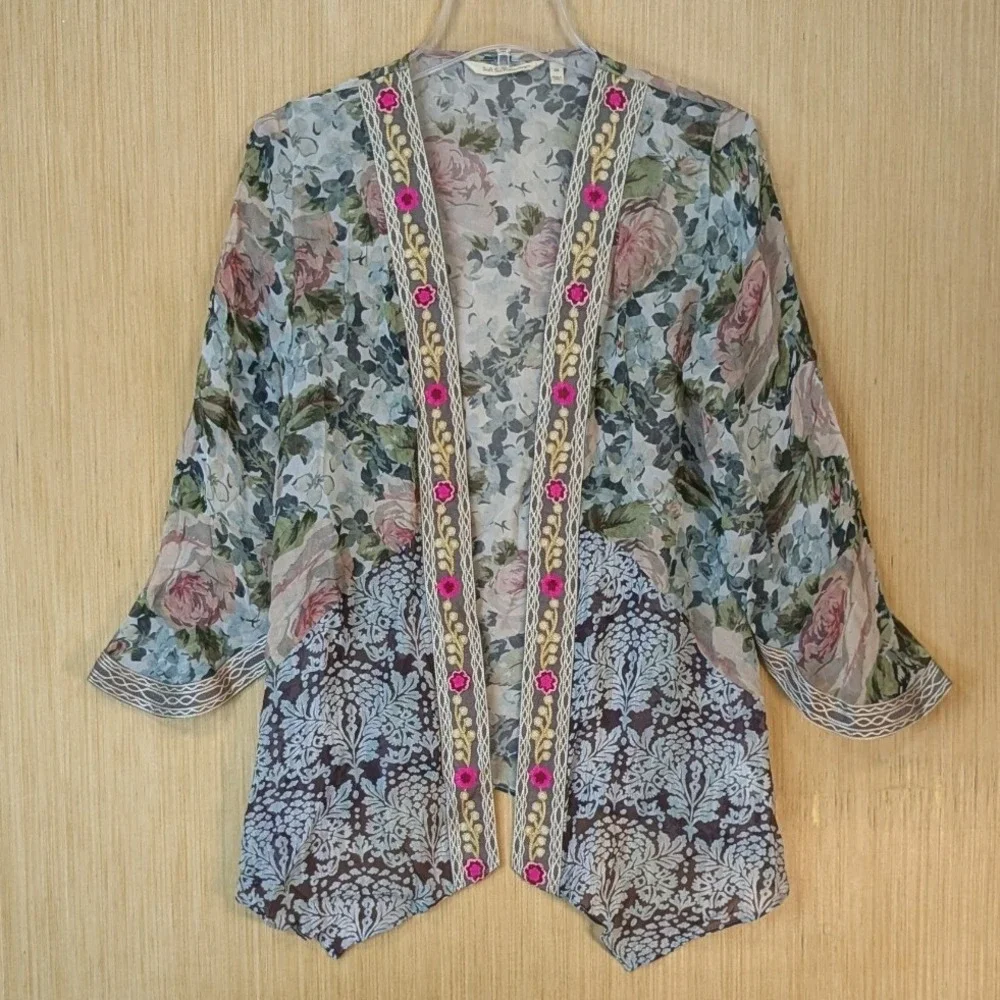 Soft Surroundings Boho Peasant Cottage Floral Sheer Embroidered Cardigan Size XS